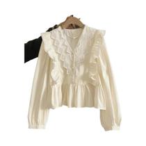 Blusa Feminina Casual De Outono Com Renda E Babados Em Cor Sólida, Manga Longa, Elegância E Moda