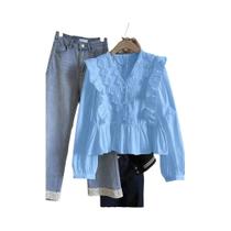 Blusa Feminina Casual De Outono Com Renda E Babados Em Cor Sólida, Manga Longa, Elegância E Moda