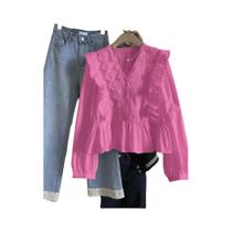 Blusa Feminina Casual De Outono Com Renda E Babados Em Cor Sólida, Manga Longa, Elegância E Moda