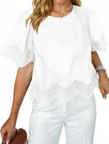 Blusa feminina casual recortada, folhada, de manga curta, branca Blusa feminina casual recortada, folhada, de manga curta, branca