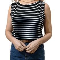 Blusa Feminina Casual Regata larga Listrada fundo Preto e listras branca