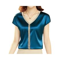 Blusa Feminina Casual Solta De Cetim Manga Curta Decote V Com Borlas Camisa De Escritório Moda Verão Blusa Feminina Casual Solta De Cetim Manga Curta Decote V Com Borlas Camisa De Escritório Moda Verão