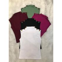 Blusa feminina cavada gola alta botões no ombro malha canelada