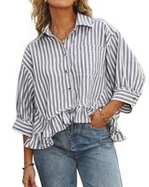 Blusa feminina CHYRII de verão com babados e botões listrada L Blusa feminina CHYRII de verão com babados e botões listrada L