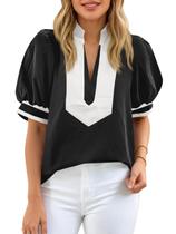 Blusa feminina Cicy Bell Color Block, manga folhada, decote em V, preta