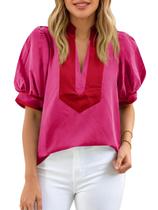 Blusa feminina Cicy Bell Color Block, manga folhada, decote em V, rosa vermelha Blusa feminina Cicy Bell Color Block, manga folhada, decote em V, rosa vermelha