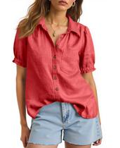Blusa feminina Cicy Bell, puff, manga curta, linho com botões Blusa feminina Cicy Bell, puff, manga curta, linho com botões