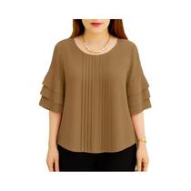 Blusa Feminina Com Babados Em Camadas, Manga 3/4, Gola Redonda, Cor Sólida, Casual, S-3XL ZANZEA Blusa Feminina Com Babados Em Camadas, Manga 3/4, Gola Redonda, Cor Sólida, Casual, S-3XL ZANZEA