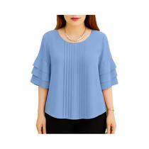 Blusa Feminina Com Babados Em Camadas, Manga 3/4, Gola Redonda, Cor Sólida, Casual, S-3XL ZANZEA Blusa Feminina Com Babados Em Camadas, Manga 3/4, Gola Redonda, Cor Sólida, Casual, S-3XL ZANZEA