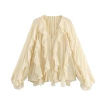 Blusa Feminina Com Babados Semi Transparente Casual De Verão Moda 2025