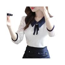 Blusa Feminina Com Gola Peter Pan Em Renda, Manga Curta, Cor Sólida, Camisa Elegante Para Primavera Blusa Feminina Com Gola Peter Pan Em Renda, Manga Curta, Cor Sólida, Camisa Elegante Para Primavera