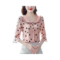 Blusa Feminina com Gola Plissada de Bolinhas - Meia Manga - Casual - Primavera/Verão