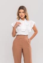 Blusa Feminina Com Laço na Gola e Manga Babado Branco Salvatore