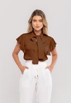 Blusa Feminina Com Laço na Gola e Manga Babado Marrom Salvatore