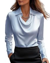 Blusa feminina CORIRESHA elegante com gola alta azul acetinado
