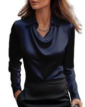 Blusa feminina CORIRESHA elegante com gola alta, cetim, azul marinho