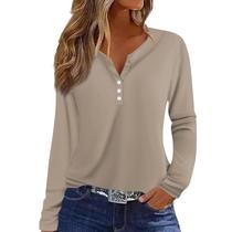 Blusa feminina COTECRAM My Orders de manga comprida com decote em V cáqui Blusa feminina COTECRAM My Orders de manga comprida com decote em V cáqui