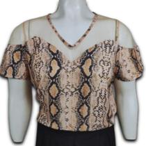 Blusa Feminina Crepe Animal Print c/Tule Plus Size