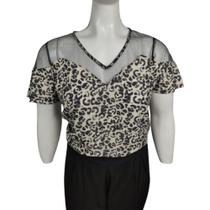 Blusa Feminina Crepe Animal Print c/Tule Plus Size