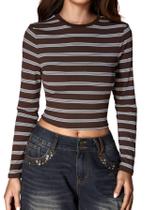 Blusa feminina Crop Top Milumia, ajustada, de manga comprida, listrada Blusa feminina Crop Top Milumia, ajustada, de manga comprida, listrada