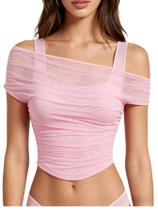 Blusa feminina Crop Top WDIRARA, 2 em 1, de malha de ombro, rosa
