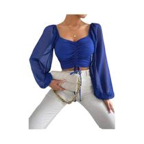 Blusa Feminina Cropped De Malha Canelada Com Decote Plung, Manga Transparente E Drapeado Frontal Com