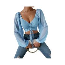Blusa Feminina Cropped De Malha Canelada Com Decote Plunging, Manga Transparente E Drapeado Frontal