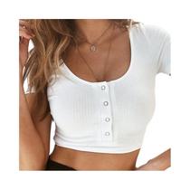 Blusa Feminina Cropped De Manga Curta Elegante Lisa Básica Com Faixa Elástica Para Festa Bodycon