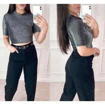 Blusa feminina cropped gola rasa poliamida lurex manga curta