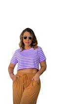 Blusa Feminina Cropped Listrado Manga Curta Malha Liganete Roxo Plus Size Blusa Feminina Cropped Listrado Manga Curta Malha Liganete Roxo Plus Size