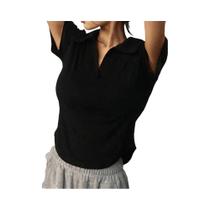 Blusa Feminina Cropped Manga Curta - Decote V - Estilo Retro