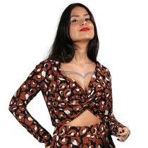 Blusa Feminina Cropped Manga Longa Estampa Animal Print Onça