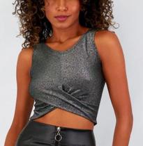 Blusa feminina cropped poliamida lurex cavada transpassada