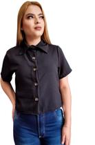 Blusa Feminina Cropped Preta Camisa Social Botões