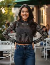 Blusa Feminina Cropped Taxas E Strass Transparente Festas