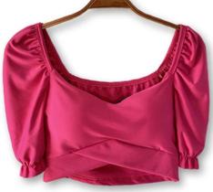 Blusa feminina cropped top poliéster manga bufante com bojo transpassado blogueira