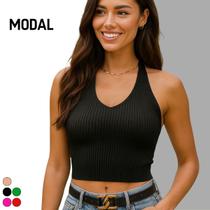 Blusa Feminina Cropped Tricot Modal com Alça no Pescoço Verão