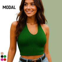 Blusa Feminina Cropped Tricot Modal com Alça no Pescoço Verão