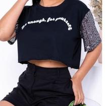 Blusa feminina cropped tshirt manga paete