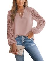 Blusa feminina CUPSHE, renda elegante, manga comprida, decote em V, rosa XXL