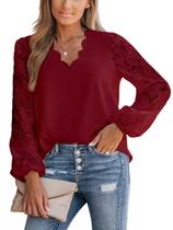 Blusa feminina CUPSHE, renda elegante, manga comprida, decote em V, vermelha S