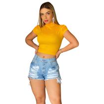 Blusa Feminina Curta Canelada Cor Laranja Mostarda