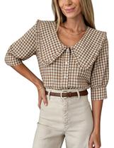 Blusa feminina Daacee, xadrez, de tamanho grande, com babados, decote em V, marrom