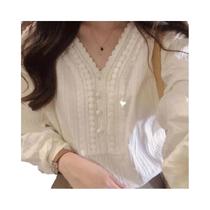 Blusa Feminina De Algodão Branca De Manga Longa Com Decote Em V Elegante Para Escritório Moda