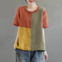 Blusa Feminina De Algodão E Linho Com Patchwork Verão 2024 Manga Curta Gola Redonda Casual Solta