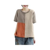Blusa Feminina De Algodão E Linho Com Patchwork Verão 2024 Manga Curta Gola Redonda Casual Solta