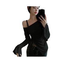 Blusa Feminina De Algodão Manga Longa Cropped Ombro a Ombro Com Manga Flare Básica Lisa Casual Para Blusa Feminina De Algodão Manga Longa Cropped Ombro a Ombro Com Manga Flare Básica Lisa Casual Para