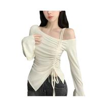 Blusa Feminina De Algodão Manga Longa Cropped Ombro a Ombro Com Manga Flare Básica Lisa Casual Para Blusa Feminina De Algodão Manga Longa Cropped Ombro a Ombro Com Manga Flare Básica Lisa Casual Para