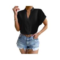 Blusa feminina de botão de couro PU, Turn Down Collar, Bodycon Working Tops, Preto