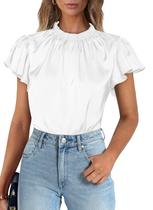 Blusa Feminina de Cetim com Babados e Manga Curta PRETTYGARDEN Branca P Blusa Feminina de Cetim com Babados e Manga Curta PRETTYGARDEN Branca P